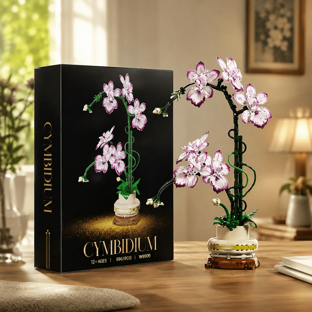 Cymbidium Orchid Building Set box beside the built arched-stem orchid model